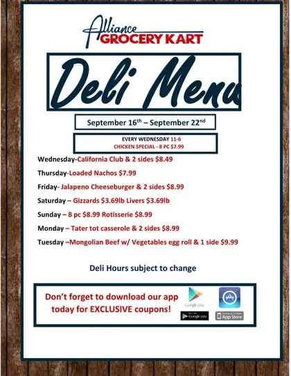 Alliance Grocery Kart Deli Menu Weekly Ad